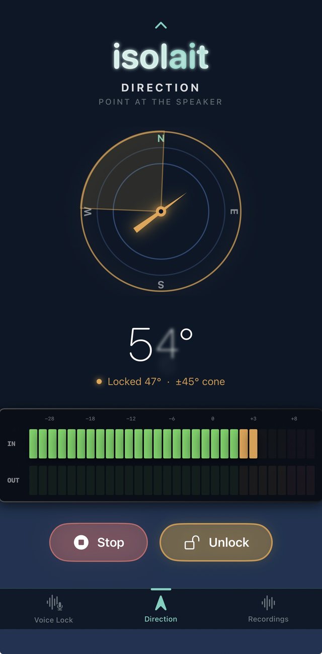 Isolait Direction screen showing a compass locked at 47 degrees