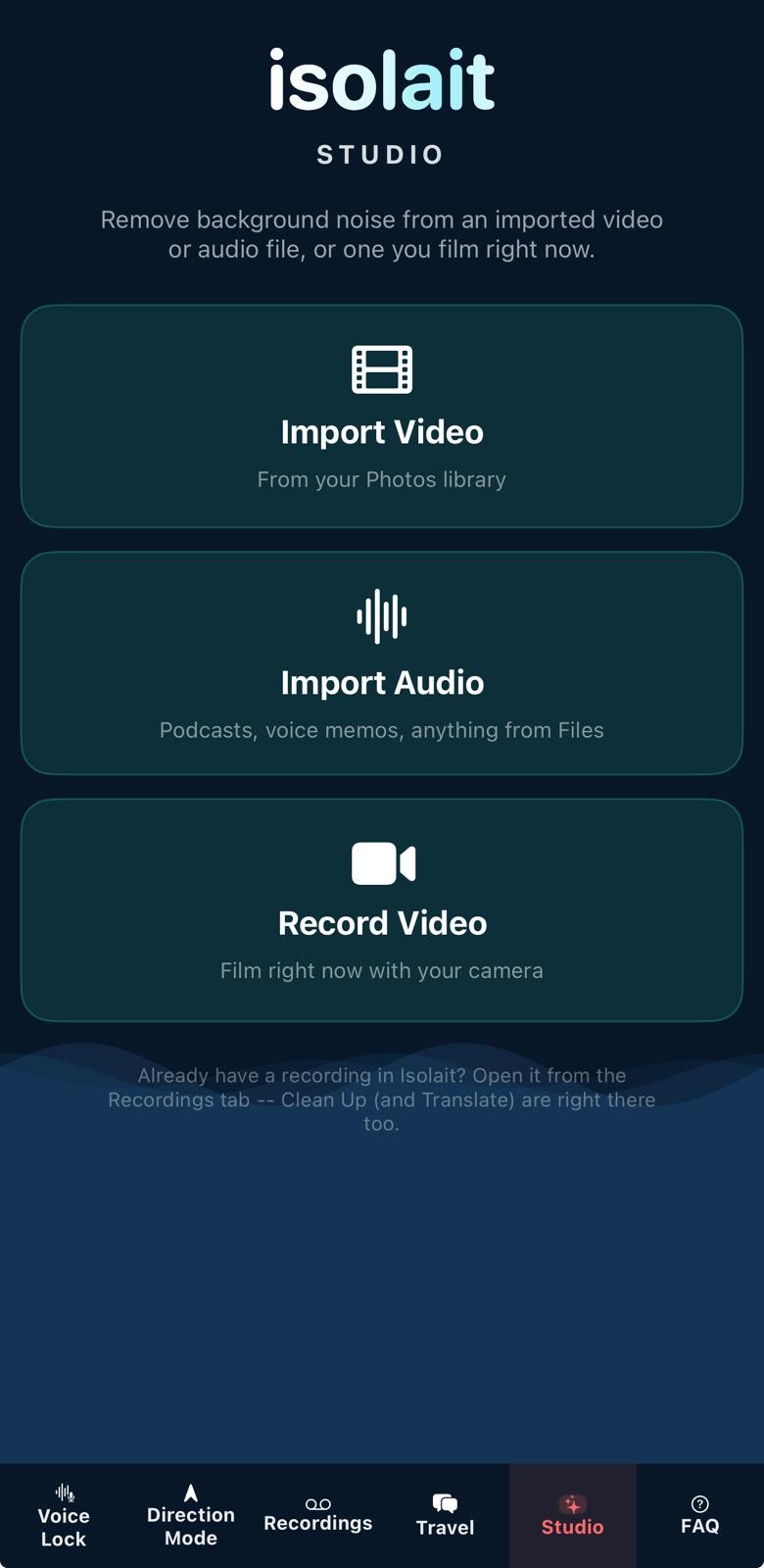 Isolait Studio screen showing three entry points: Import Video, Import Audio, and Record Video