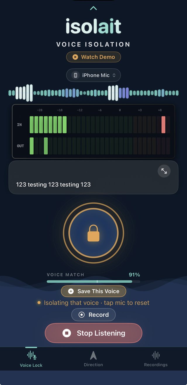Isolait Voice Lock screen, locked onto a speaker at 91% voice match