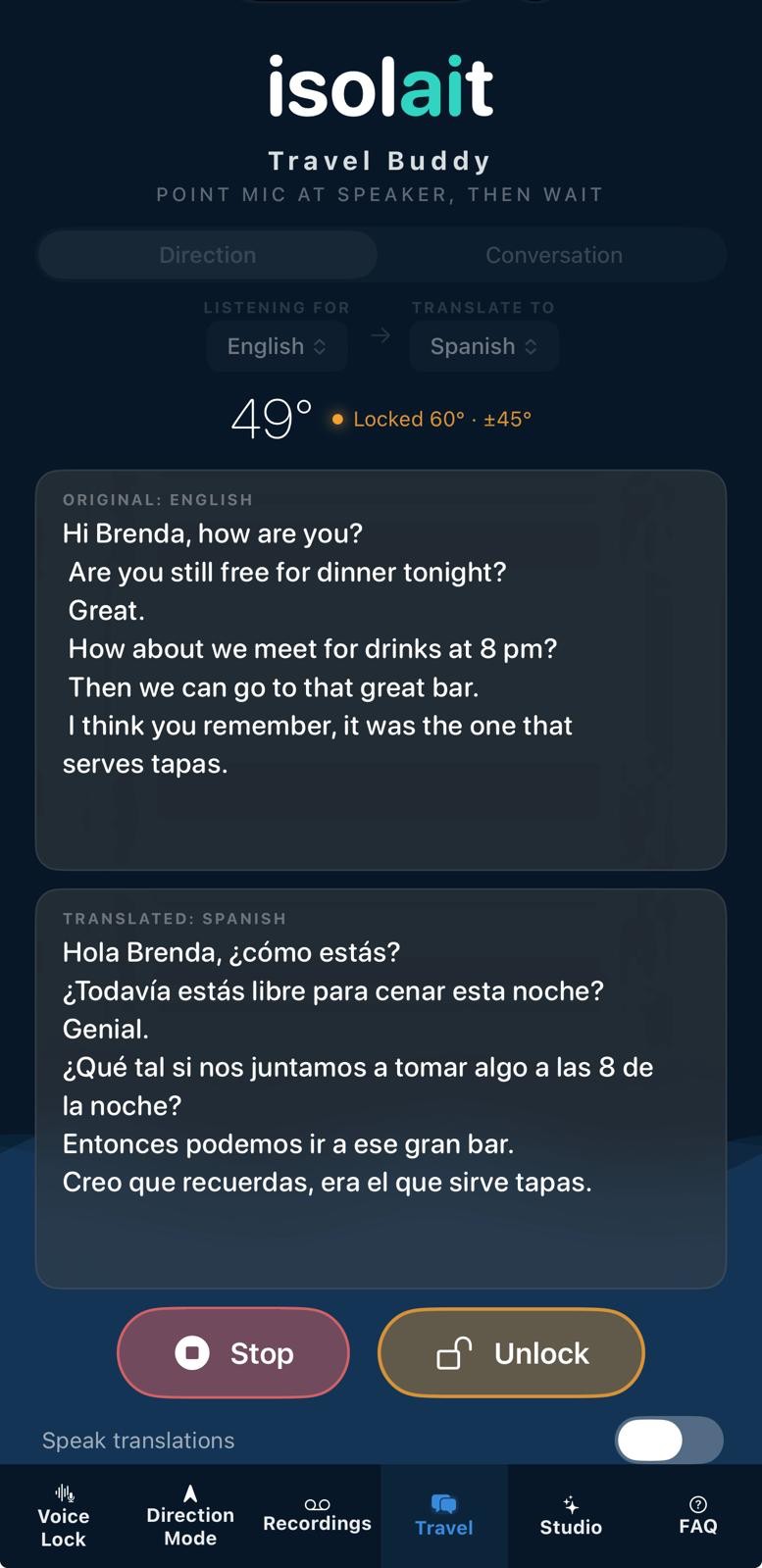 Isolait Voyage screen showing a live English-to-Spanish conversation translation